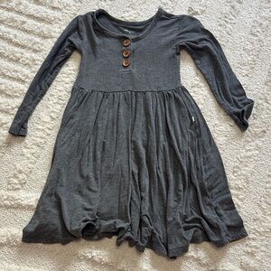 Posh Peanut Stylish Gray Twirl Dress with Wooden Button Accents